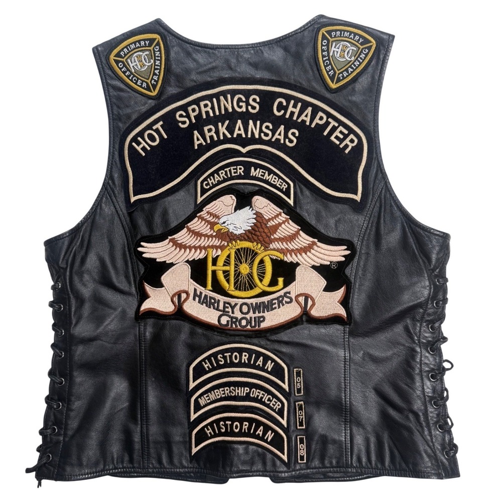 Harley-Davidson Womens‎ Leather Vest HOG Hot Springs AR Patches Black Large L